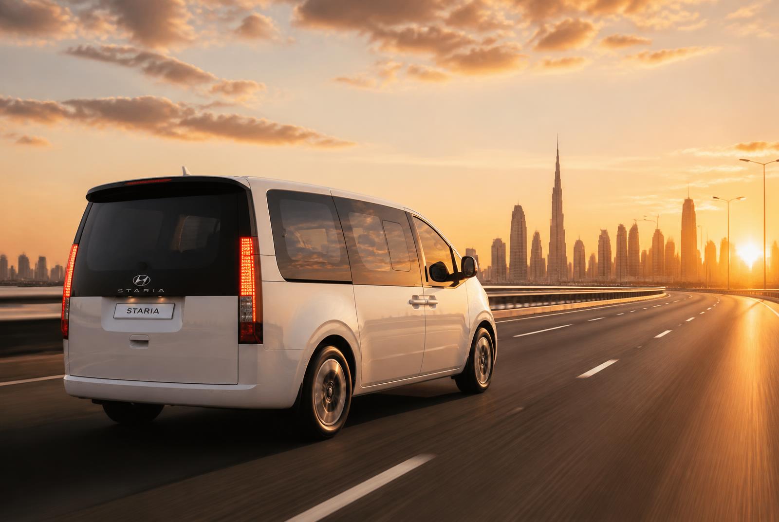 Hyundai Staria driving toward Johannesburg skyline
